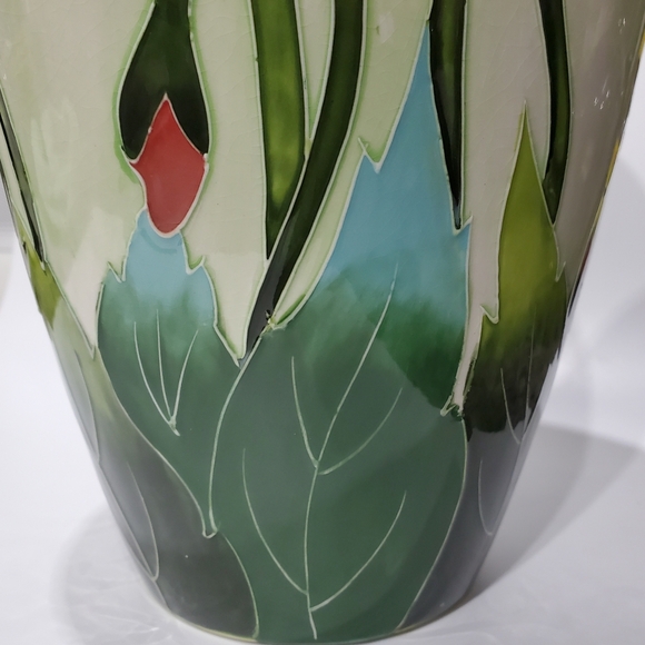 11 3/4" Bold Cloisonné Styl Asian Poppies Dramic Black + Floral Ceramic Art Vase - Picture 14 of 15